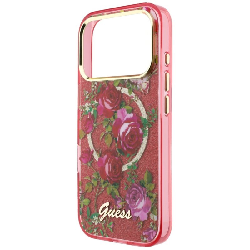 Husa iPhone 18 Pro Max originala Guess IML Glitter Blossom Roses MagSafe, bordo, GUHMP18X6HTBGSLU