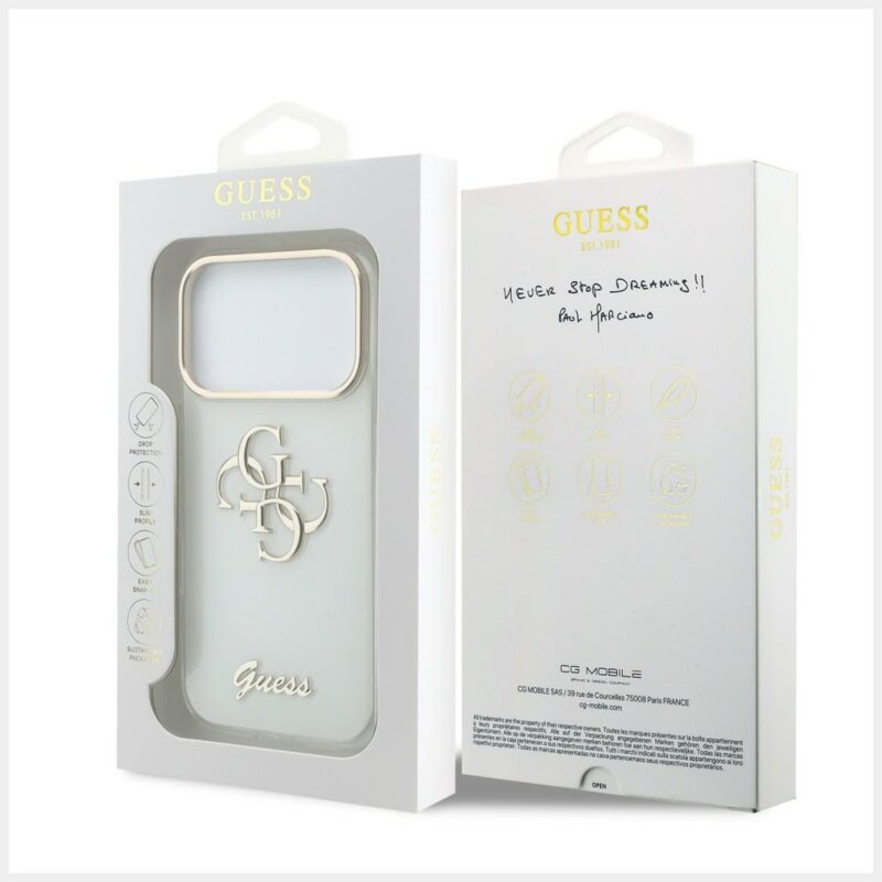 Husa Guess IML 4G Metal Script iPhone 18 Pro Max, alb, GUHCP18X5HC4MLSH