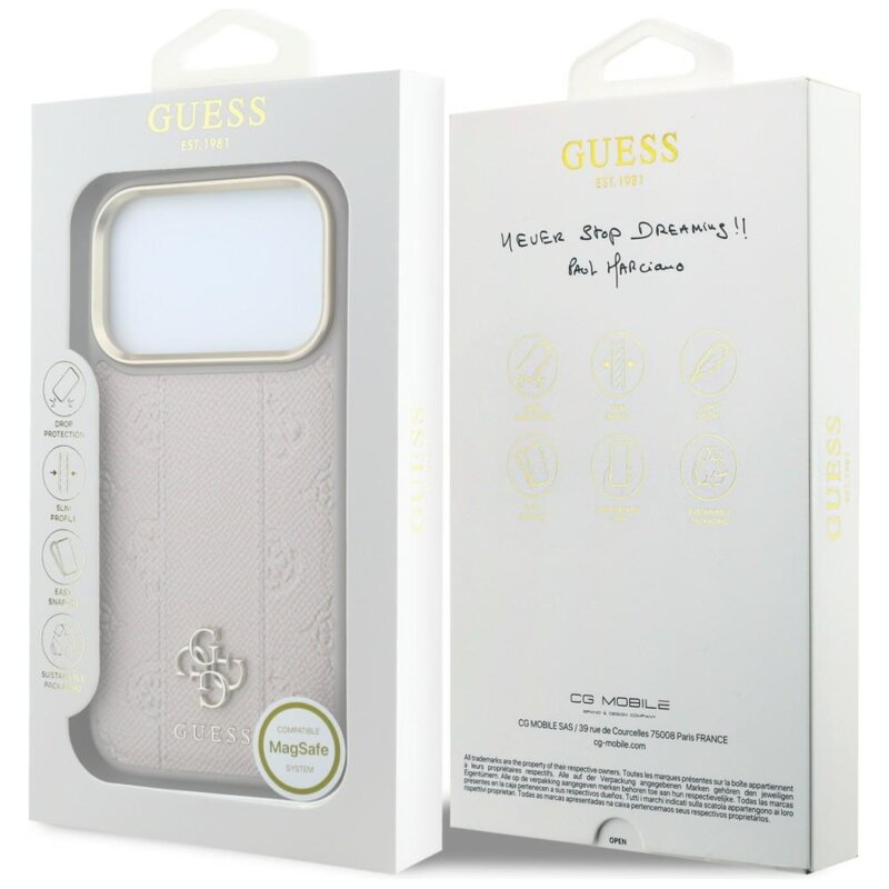 Husa iPhone 18 Pro Guess Leather Stripe Peony 4G MagSafe, roz, GUHMP18X6PGSU4EP