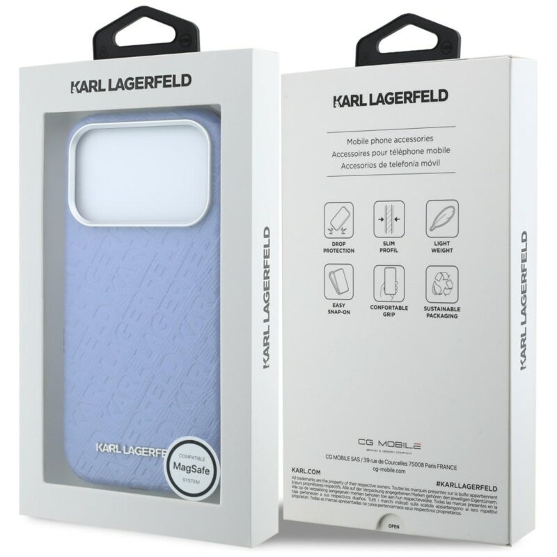 Husa iPhone 18 Pro Max Karl Lagerfeld HC MagSafe Grained PU Metal Logo, bleu