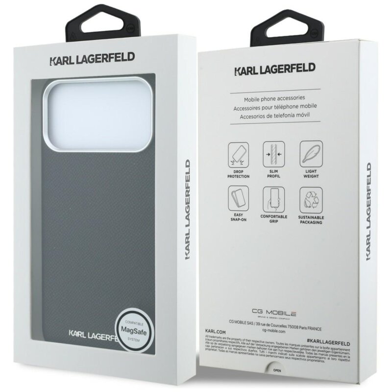 Husa iPhone 17 Pro Karl Lagerfeld HC MagSafe Grained Leather Elongated Logo, negru