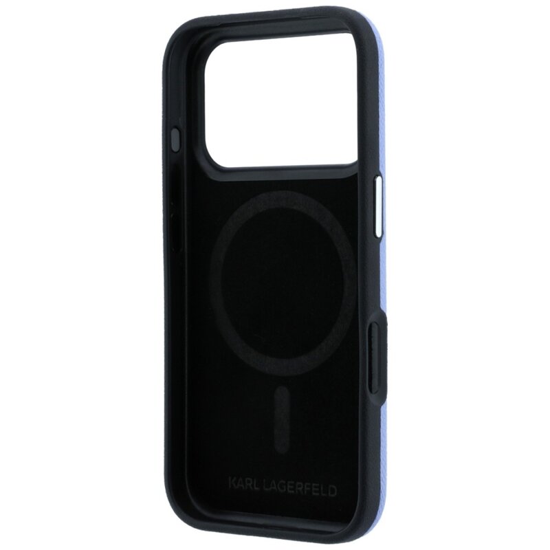 Husa iPhone 18 Pro Karl Lagerfeld Grained Leather Elongated Logo MagSafe, bleu