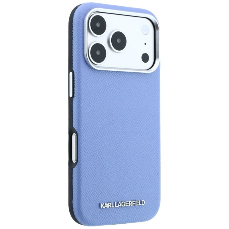 Husa iPhone 18 Pro Max Karl Lagerfeld Grained Leather Elongated Logo MagSafe, bleu