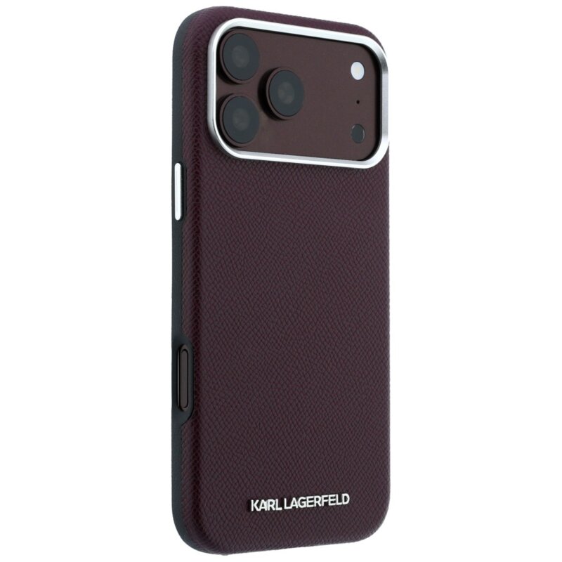 Husa iPhone 18 Pro Max Karl Lagerfeld Grained Leather Elongated Logo MagSafe, burgundy