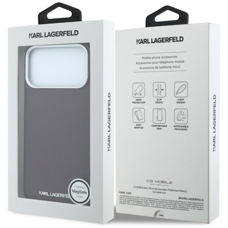 Husa iPhone 18 Pro Max Karl Lagerfeld Grained Leather Elongated Logo MagSafe, burgundy