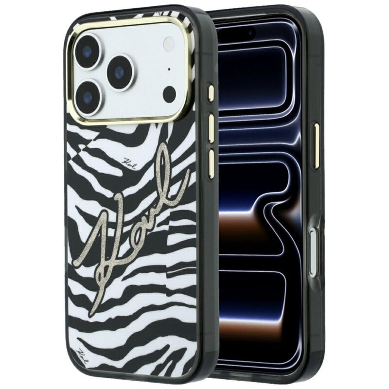 Husa iPhone 17 Pro Karl Lagerfeld HC MagSafe IML Signature Zebra Glitter Gold, negru