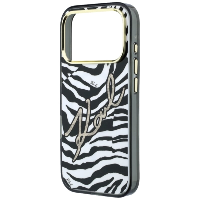 Husa iPhone 17 Pro Karl Lagerfeld HC MagSafe IML Signature Zebra Glitter Gold, negru
