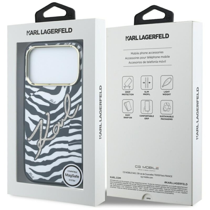 Husa iPhone 17 Pro Karl Lagerfeld HC MagSafe IML Signature Zebra Glitter Gold, negru