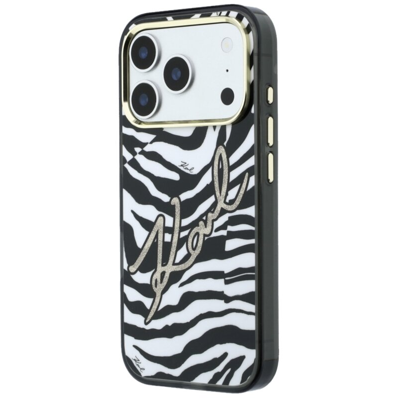 Husa iPhone 18 Pro Max Karl Lagerfeld HC MagSafe IML Signature Zebra Glitter Gold, negru