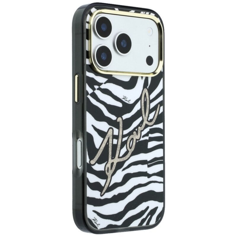Husa iPhone 18 Pro Max Karl Lagerfeld HC MagSafe IML Signature Zebra Glitter Gold, negru