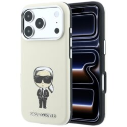 Husa iPhone 17 Pro Karl Lagerfeld Smooth Leather Ikonik Sketch MagSafe, bej