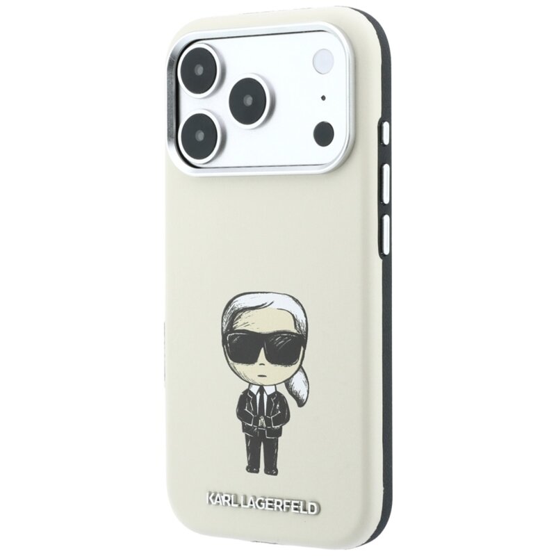 Husa iPhone 17 Pro Karl Lagerfeld Smooth Leather Ikonik Sketch MagSafe, bej