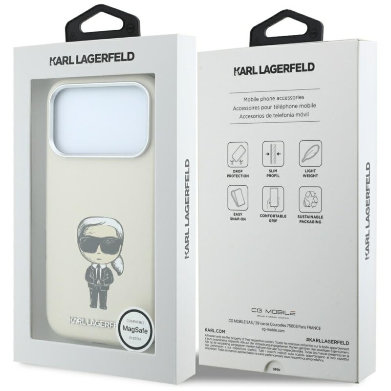 Husa iPhone 17 Pro Karl Lagerfeld Smooth Leather Ikonik Sketch MagSafe, bej