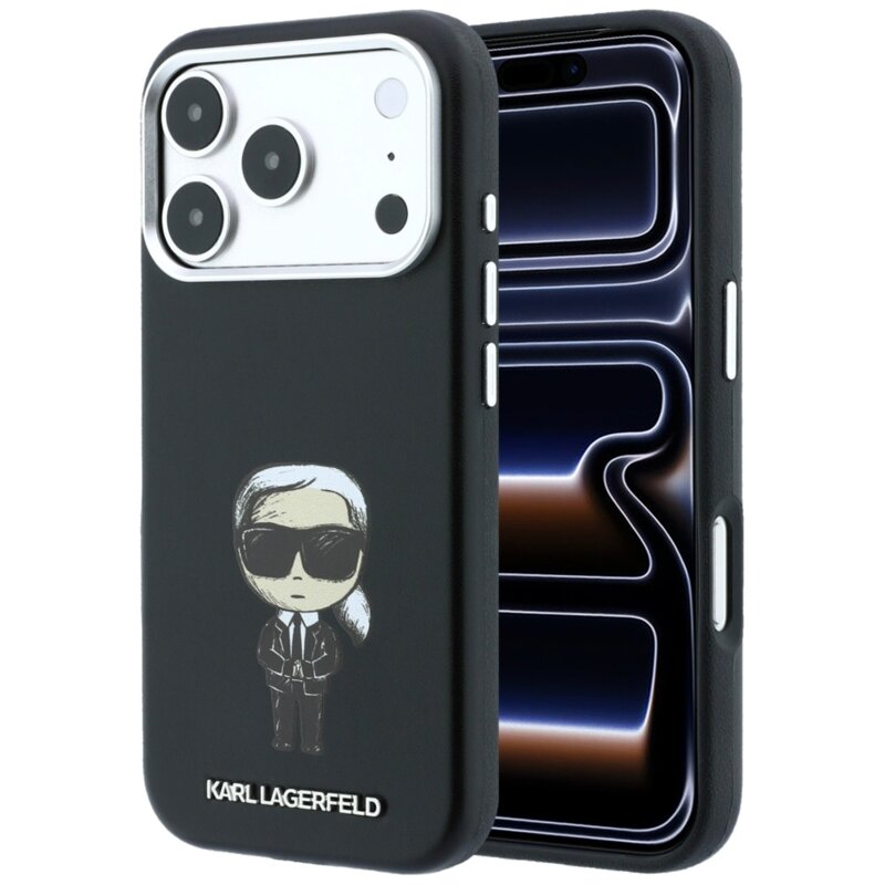 Husa iPhone 17 Pro Karl Lagerfeld Smooth Leather Ikonik Sketch MagSafe, negru