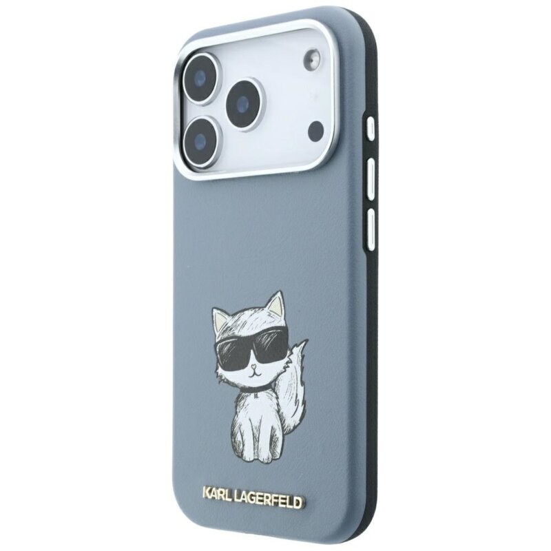 Husa iPhone 18 Pro Karl Lagerfeld Smooth Leather Choupette Sketch MagSafe, bleu