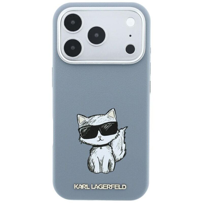 Husa iPhone 18 Pro Karl Lagerfeld Smooth Leather Choupette Sketch MagSafe, bleu