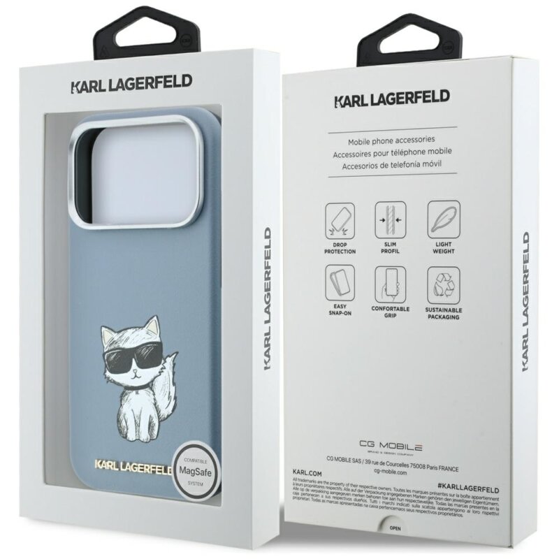 Husa iPhone 18 Pro Karl Lagerfeld Smooth Leather Choupette Sketch MagSafe, bleu