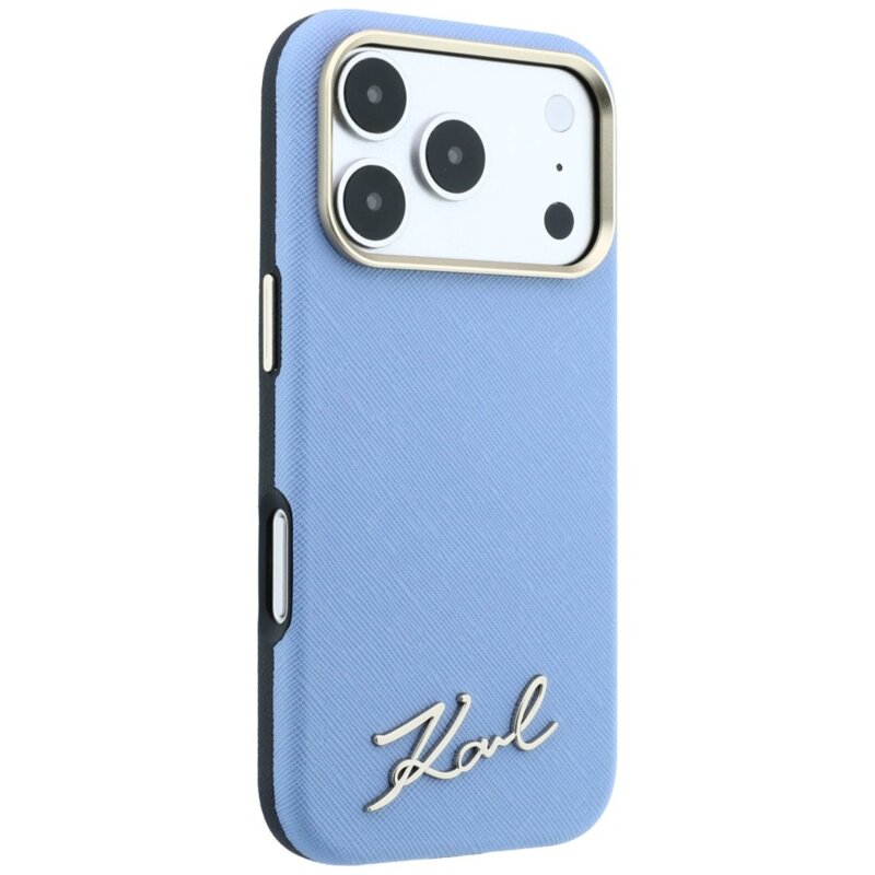 Husa originala iPhone 18 Pro Max Karl Lagerfeld Saffiano Small Script Metal Logo MagSafe, bleu, KLHMP18X6PWSKSB