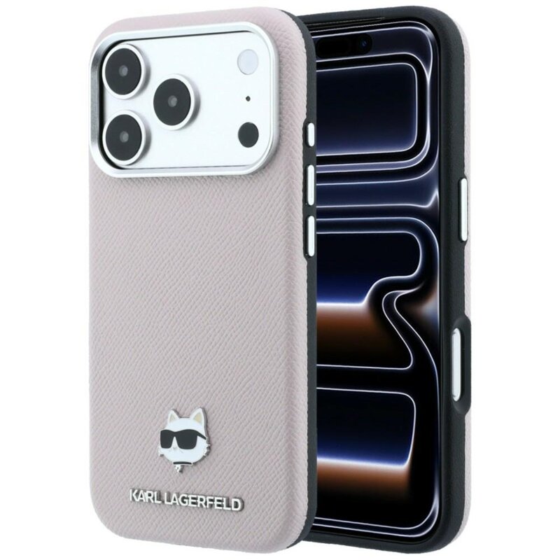 Husa iPhone 17 Pro Karl Lagerfeld Grained Leather Choupette Head MagSafe, roz, KLHMP18L6PSCHLP