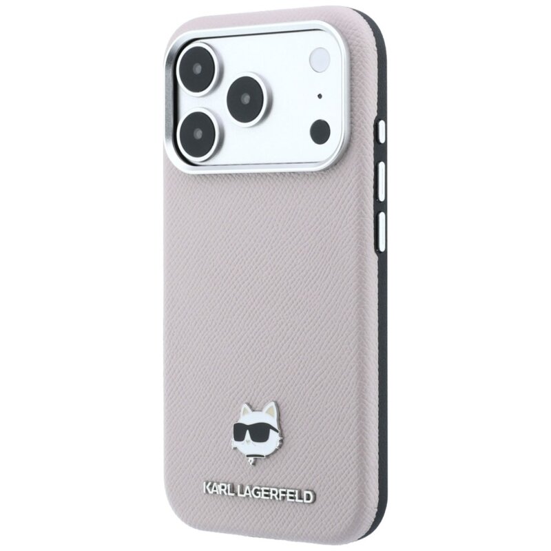 Husa iPhone 17 Pro Karl Lagerfeld Grained Leather Choupette Head MagSafe, roz, KLHMP18L6PSCHLP