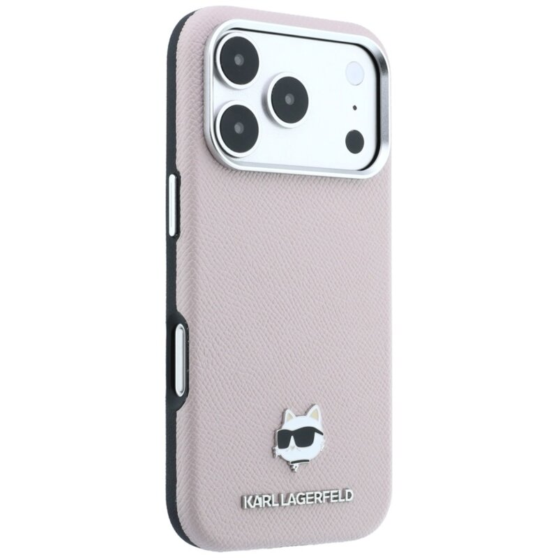 Husa iPhone 17 Pro Karl Lagerfeld Grained Leather Choupette Head MagSafe, roz, KLHMP18L6PSCHLP