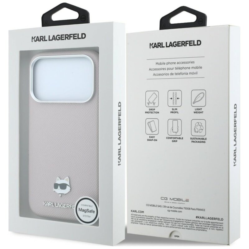 Husa iPhone 17 Pro Karl Lagerfeld Grained Leather Choupette Head MagSafe, roz, KLHMP18L6PSCHLP