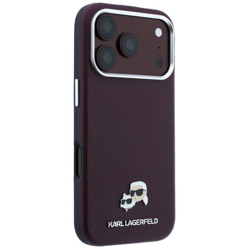 Husa iPhone 18 Pro Karl Lagerfeld Grained Leather KC Heads MagSafe, bordo, KLHMP18L6PSKCHLR