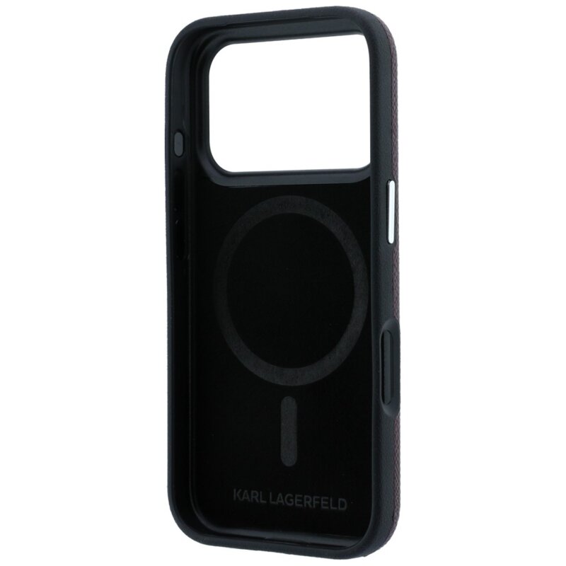 Husa iPhone 18 Pro Karl Lagerfeld Grained Leather KC Heads MagSafe, bordo, KLHMP18L6PSKCHLR