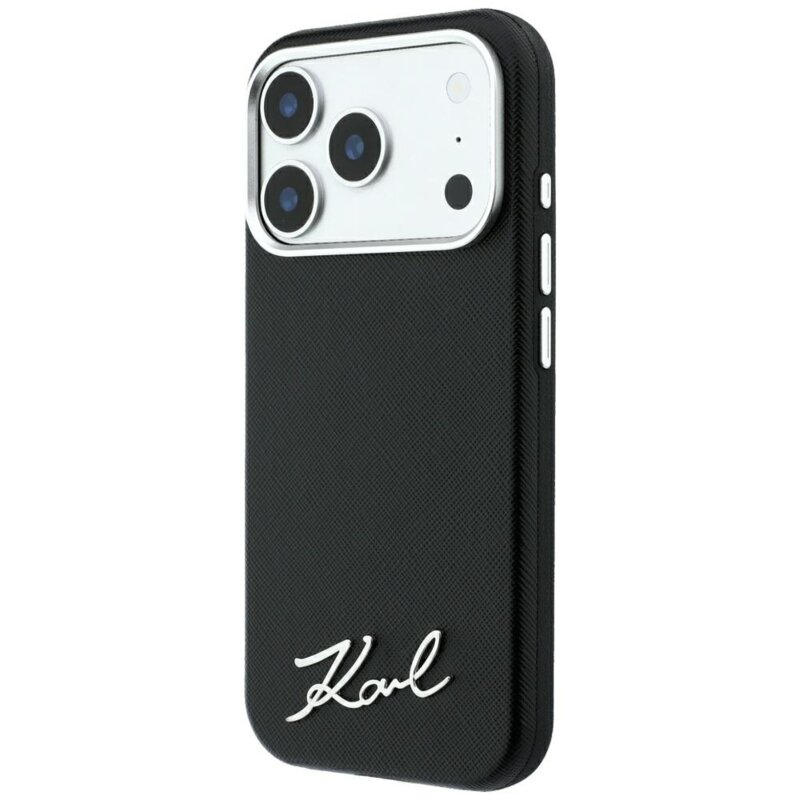 Husa originala iPhone 18 Pro Max Karl Lagerfeld Saffiano Small Script Metal Logo MagSafe, negru, KLHMP18X6PWSKSK