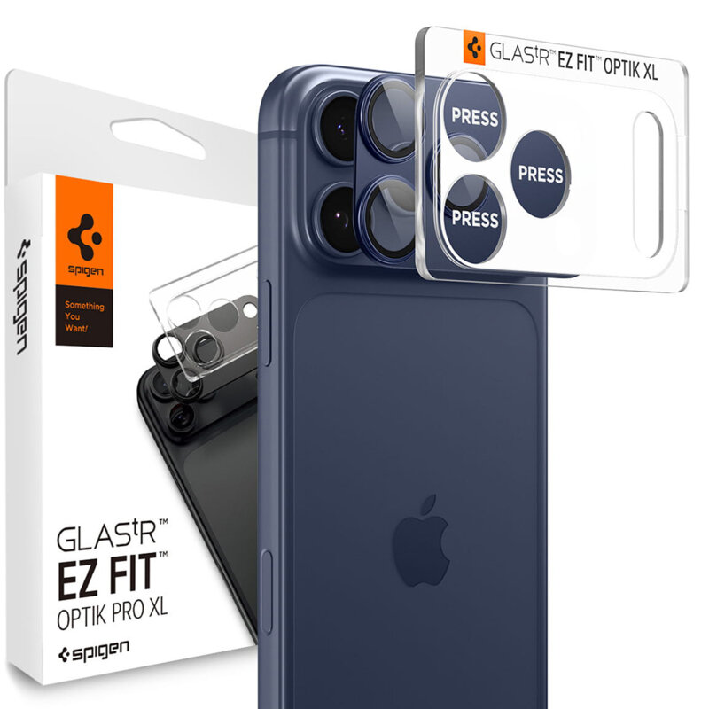 Folie sticla camera iPhone 17 Pro Spigen Glas.tR Optik EZ Fit Pro XL, albastru