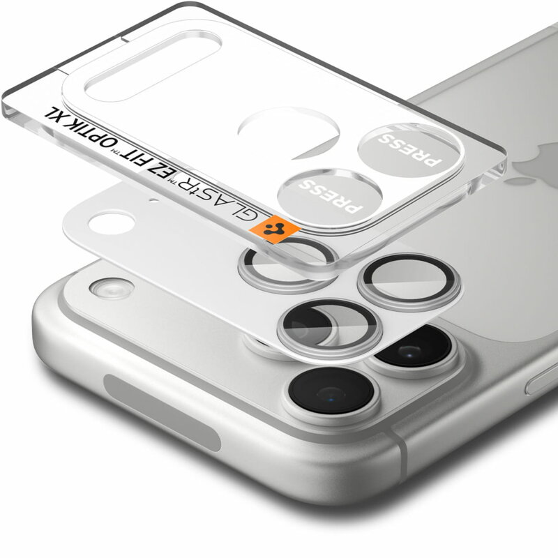 Folie sticla camera iPhone 17 Pro Spigen Glas.tR Optik EZ Fit Pro XL, argintiu