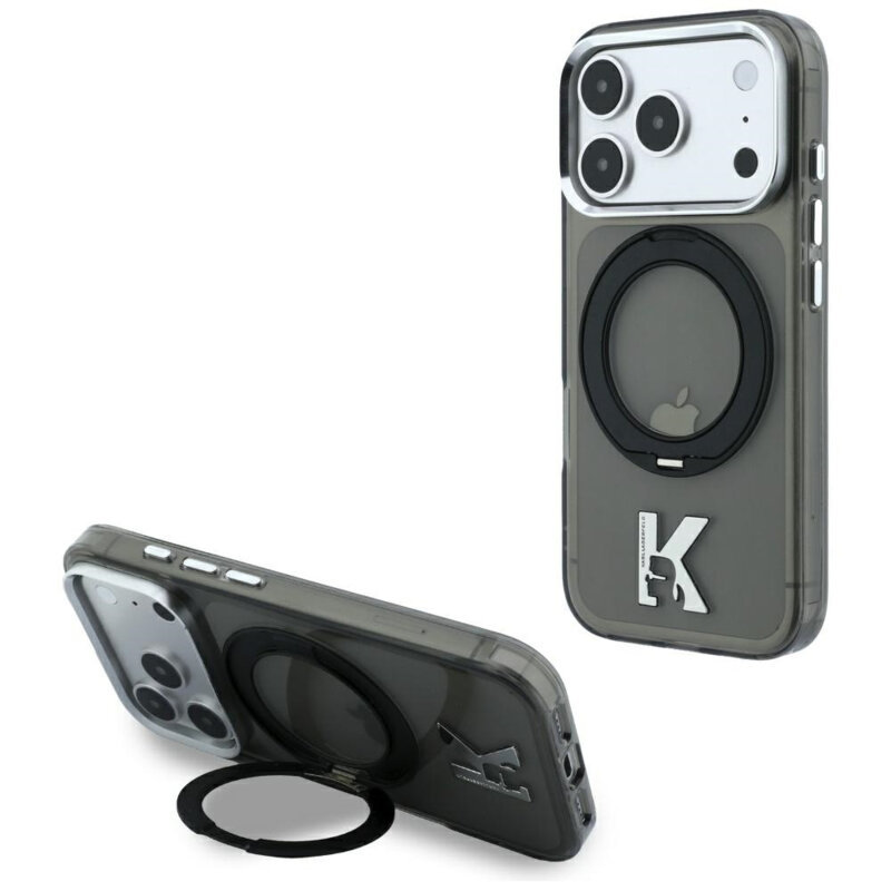 Husa iPhone 18 Pro Max Karl Lagerfeld HC IML Ring Stand MagSafe Kameo Metal, negru
