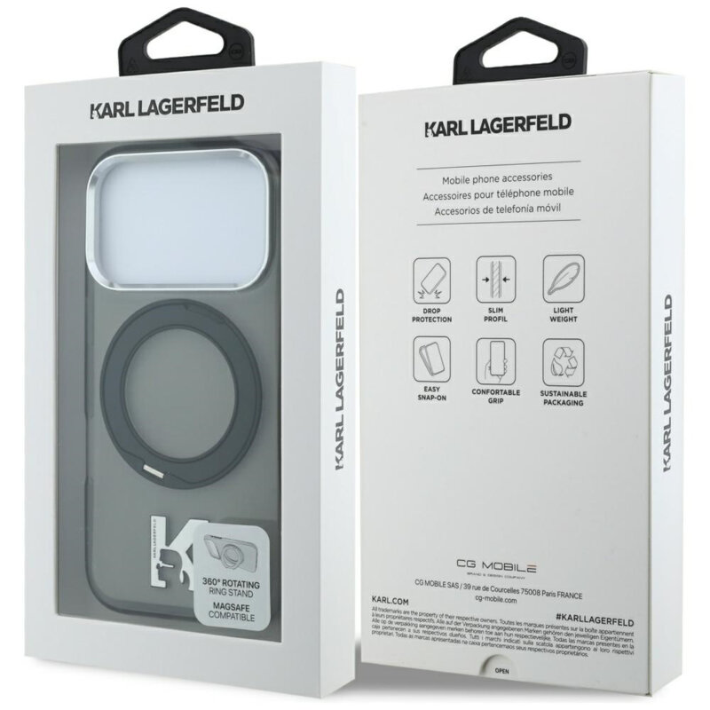 Husa iPhone 17 Pro Karl Lagerfeld Hardcase IML Ring Stand MagSafe Kameo Metal, negru
