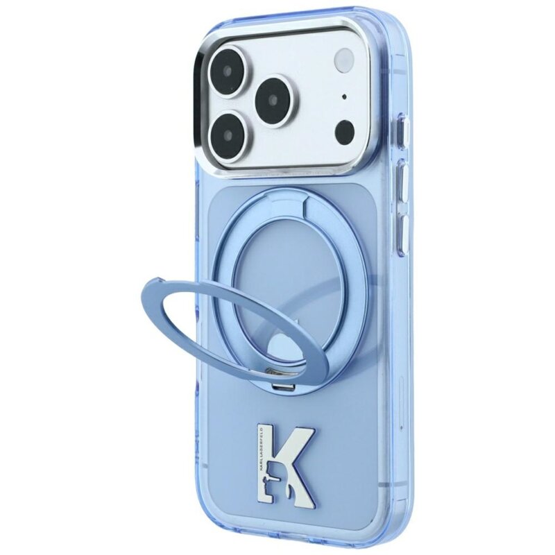 Husa iPhone 18 Pro Max Karl Lagerfeld HC IML Ring Stand MagSafe Kameo Metal, bleu