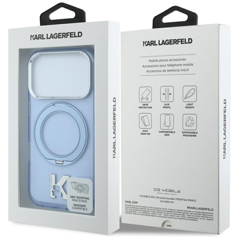 Husa iPhone 18 Pro Max Karl Lagerfeld HC IML Ring Stand MagSafe Kameo Metal, bleu