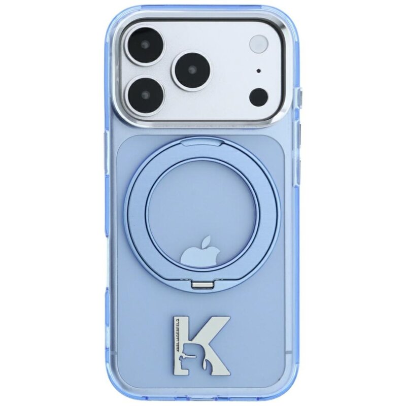 Husa iPhone 17 Pro Karl Lagerfeld Hardcase IML Ring Stand MagSafe Kameo Metal, bleu