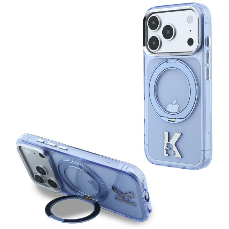 Husa iPhone 17 Pro Karl Lagerfeld Hardcase IML Ring Stand MagSafe Kameo Metal, bleu