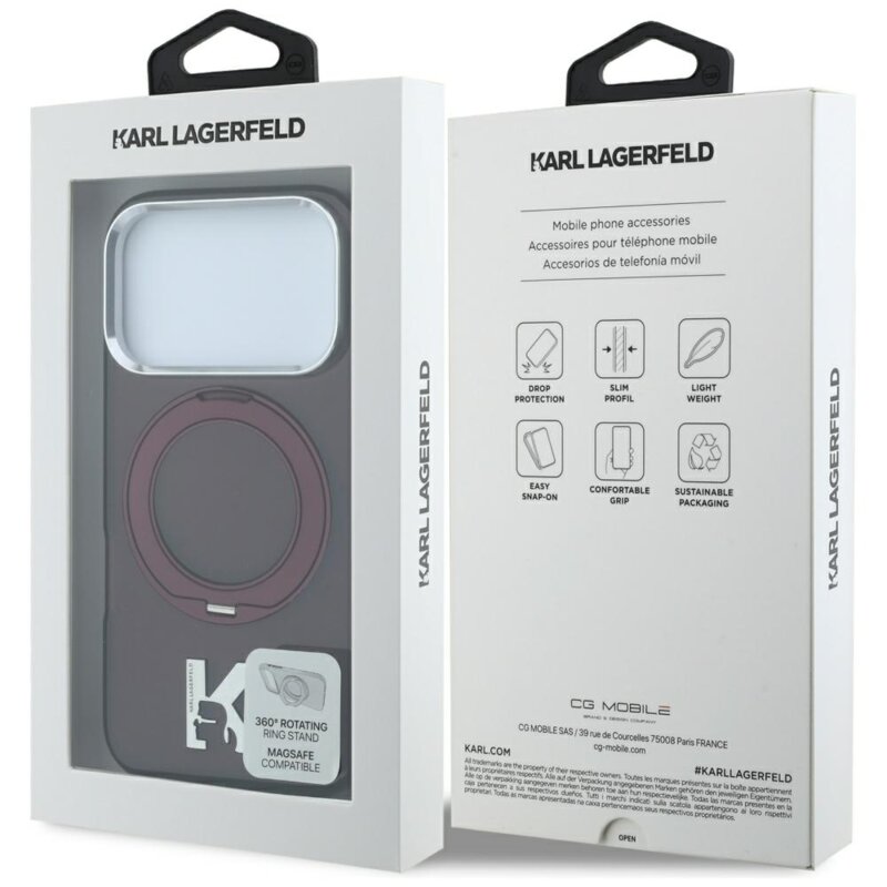 Husa iPhone 17 Pro Karl Lagerfeld Hardcase IML Ring Stand MagSafe Kameo Metal, burgundy