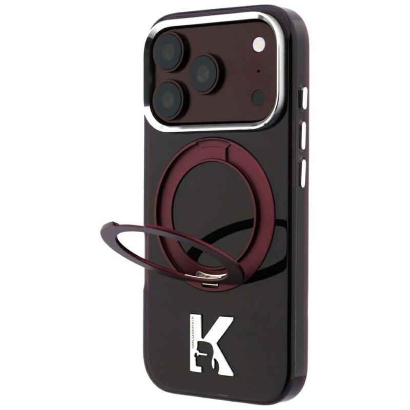 Husa iPhone 18 Pro Max Karl Lagerfeld IML Ring Stand MagSafe Kameo Metal, bordo