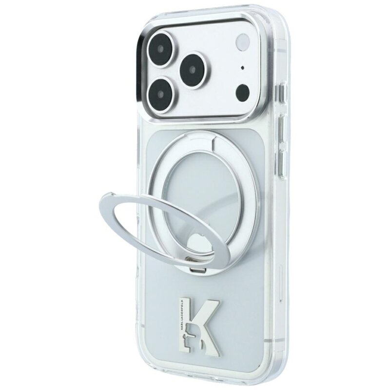 Husa iPhone 17 Pro Karl Lagerfeld Hardcase IML Ring Stand MagSafe Kameo Metal, clear