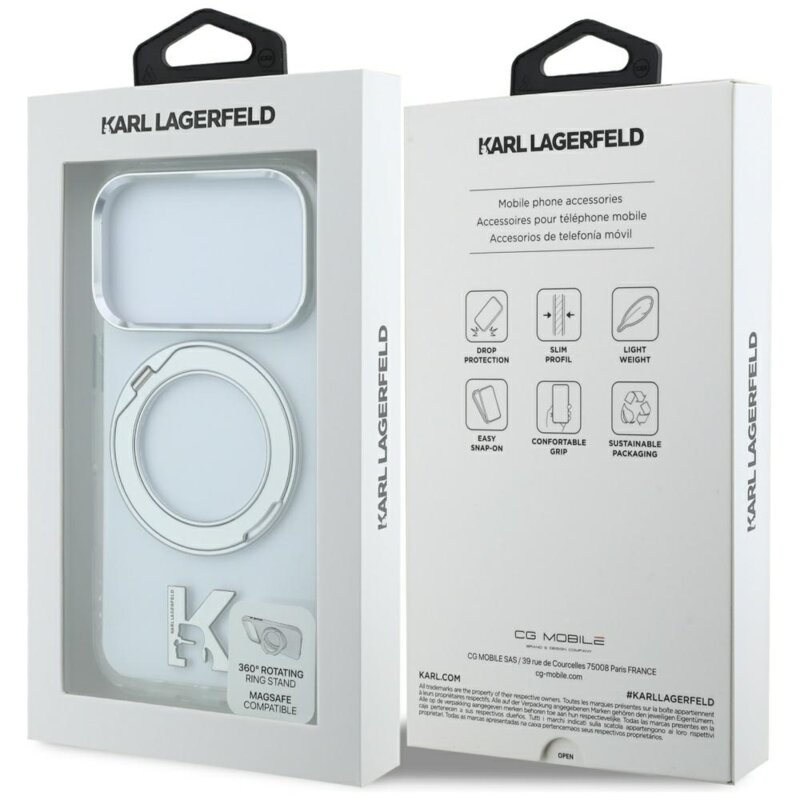 Husa iPhone 17 Pro Karl Lagerfeld Hardcase IML Ring Stand MagSafe Kameo Metal, clear