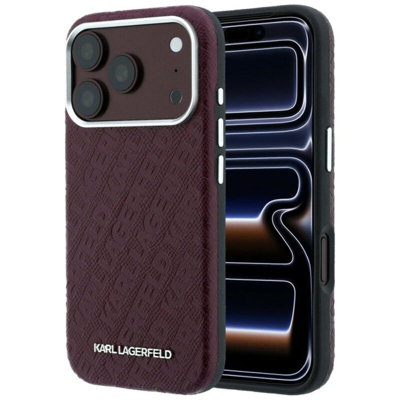 Husa iPhone 17 Pro Karl Lagerfeld Grained Leather Metal Logo MagSafe, bordo