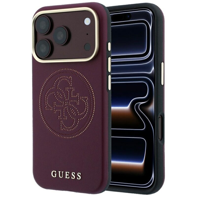 Husa iPhone 18 Pro Guess Leather Perforated 4G MagSafe, bordo, GUHMP18L6PS4SRGU