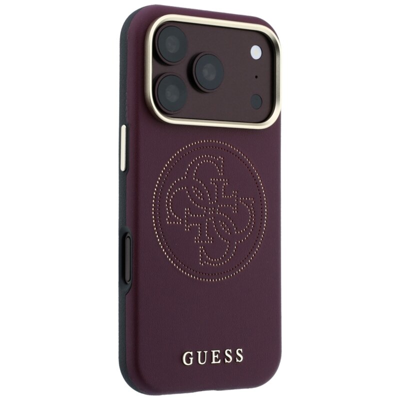 Husa iPhone 18 Pro Guess Leather Perforated 4G MagSafe, bordo, GUHMP18L6PS4SRGU