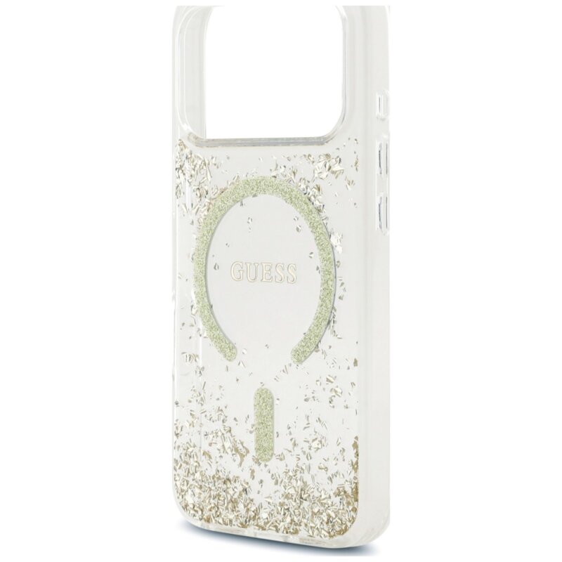 Husa Guess Resin Bottom Glitter MagSafe iPhone 18 Pro Max cu sclipici, auriu, GUHMP18XRGRGED