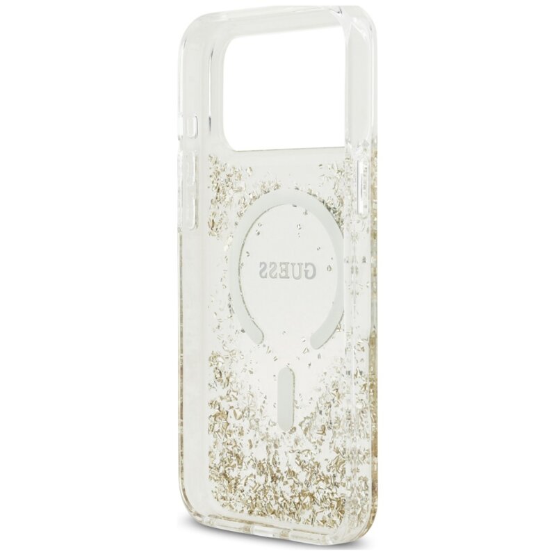 Husa Guess Resin Bottom Glitter MagSafe iPhone 18 Pro Max cu sclipici, auriu, GUHMP18XRGRGED