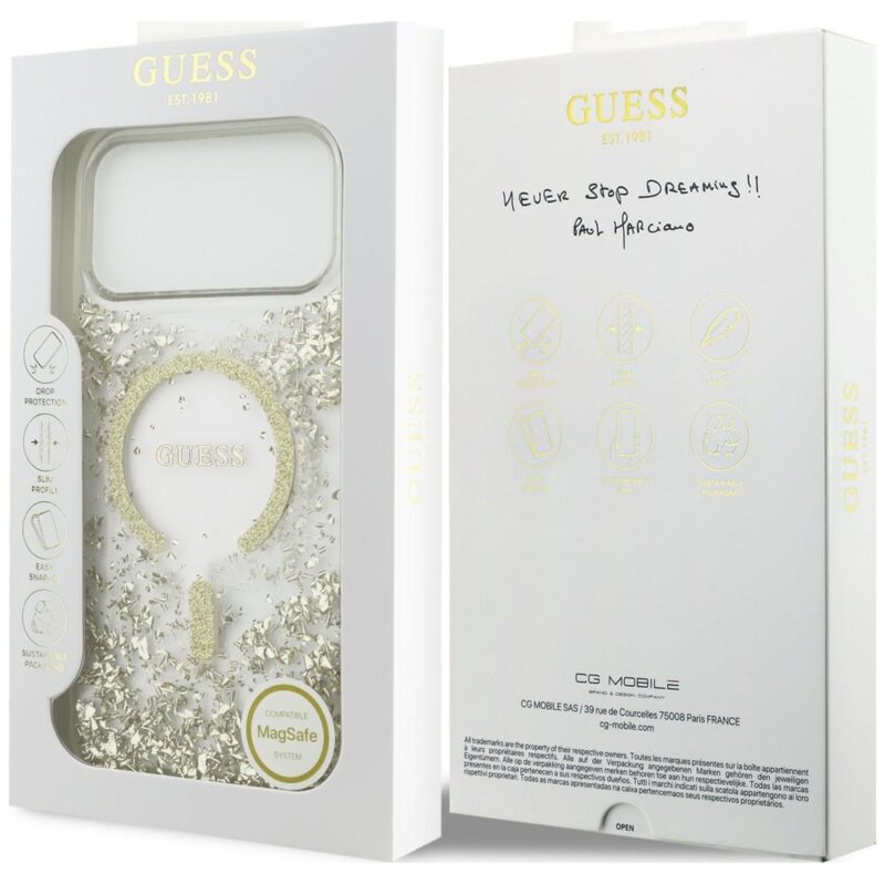 Husa Guess Resin Bottom Glitter MagSafe iPhone 18 Pro Max cu sclipici, auriu, GUHMP18XRGRGED