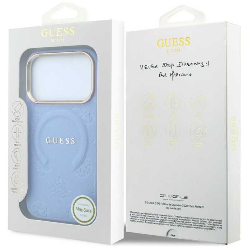 Husa Guess Saffiano Peony & Ring MagSafe iPhone 18 Pro Max, bleu, GUHMP18XPSAMSECB