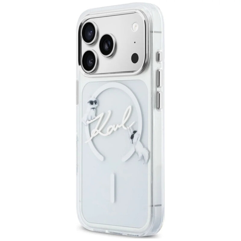 Husa iPhone 18 Pro Karl Lagerfeld IML Choupette and Karl Script Logo MagSafe, transparenta