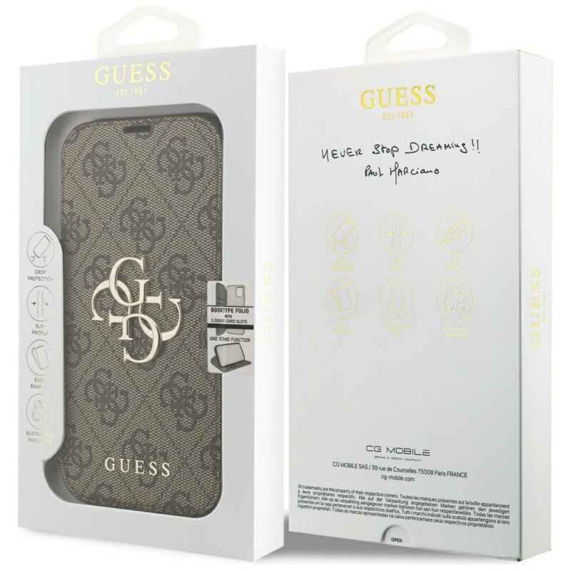 Husa tip carte iPhone 18 Pro Guess Book 4G Metal Logo, maro, GUBKP18L4GMGBR